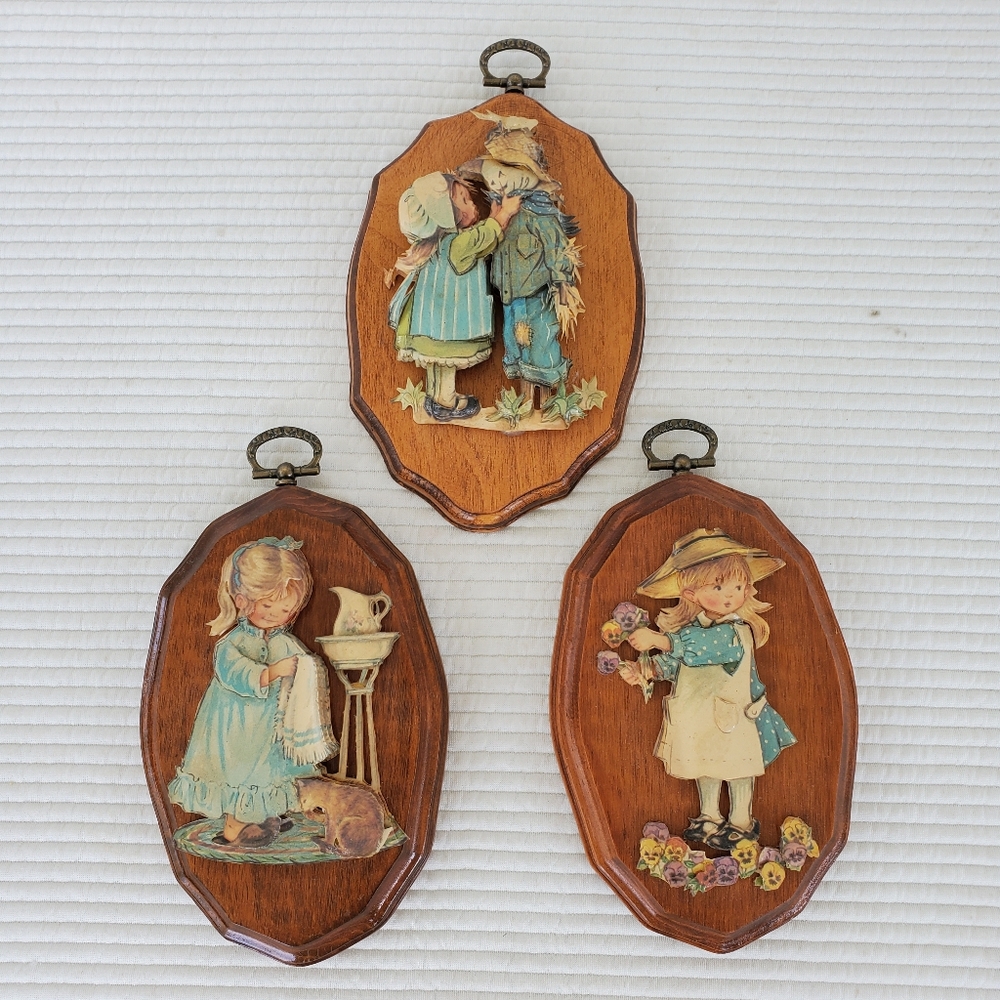 3 Girls Decoupage Wood Artwork Wall Hanging Plaque 6x4 3D Layers Scarecrow